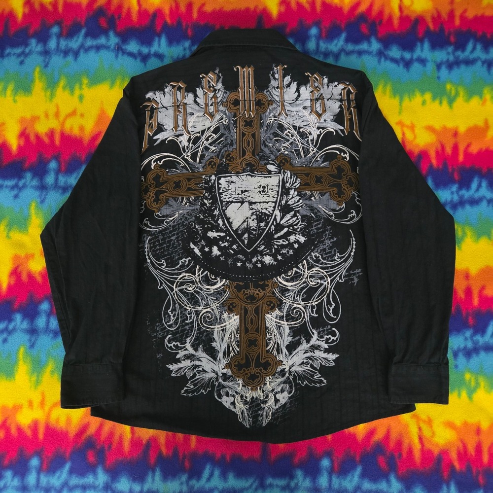 Eighty Eight Mens Large Black Graphic Affliction Style Y2K Button Down Shirt